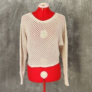 *Express XS Cream Metallic Open Knit Sweater Long Sleeve Crochet Pullover